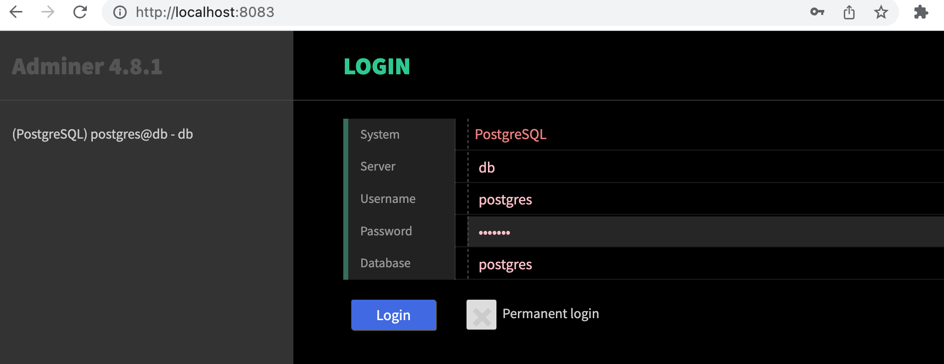 Adminer view